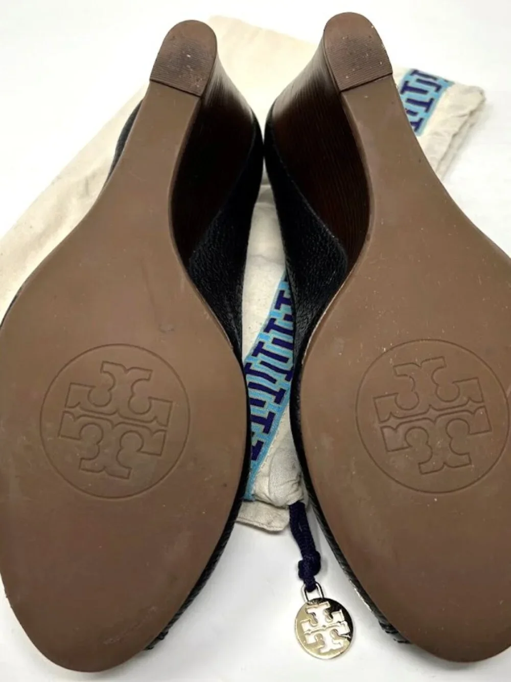 Tory Burch Selma Peep Toe Wedges-Black Pebbled Leather-Gold Logo Medallion 9.5